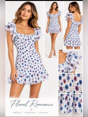 LoveShackFancy Kodie Blue & Pink Floral Smocked Ruffle Mini Dress – fits small